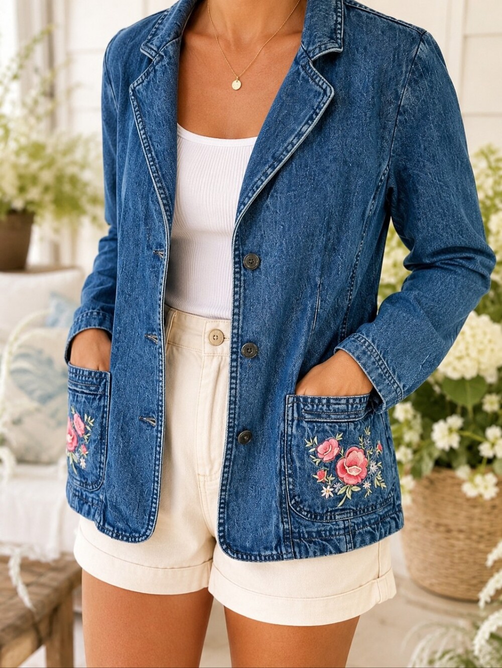 Northern Reflections Vintage Denim Blazer Embroidered Floral Jacket M
